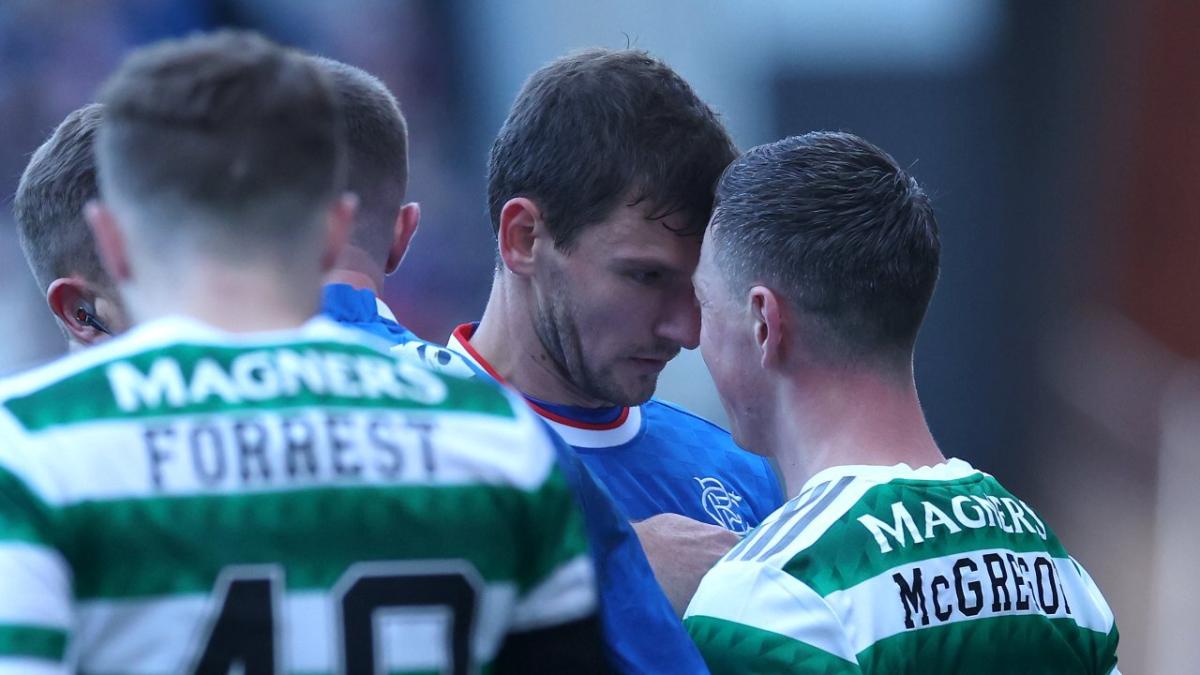 Borna Barisic and Callum McGregor go head to head in an Old Firm derby last season